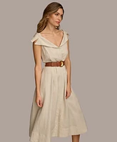 Donna Karan Women's Faux-Leather Belt Collared Shirtdress