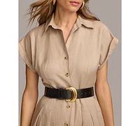 Donna Karan Women's Button-Front Short-Sleeve Midi Belted Dress