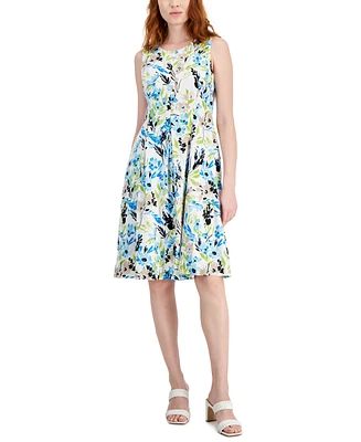 Kasper Women's Linen-Blend Printed Sleeveless Flared-Skirt Dress