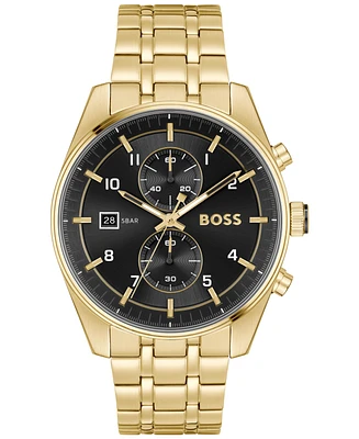 Hugo Boss Men's Skytraveller Quartz Fashion Chrono Ionic Plated Thin Gold-Tone Steel Watch 44mm