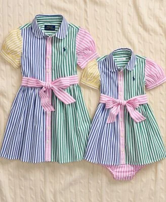 Polo Ralph Lauren Big Little Baby Girls Matching Striped Cotton Fun Shirt Dress
