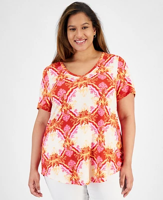 Jm Collection Plus Lush Print V-Neck Top, Created for Macy's