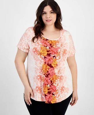 Jm Collection Plus Ombre Flora Scoop-Neck Top, Created for Macy's