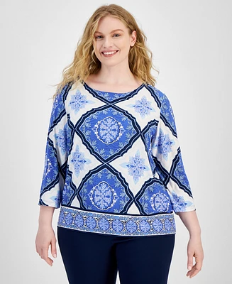 Jm Collection Plus Printed Jacquard 3/4-Sleeve Top, Created for Macy's