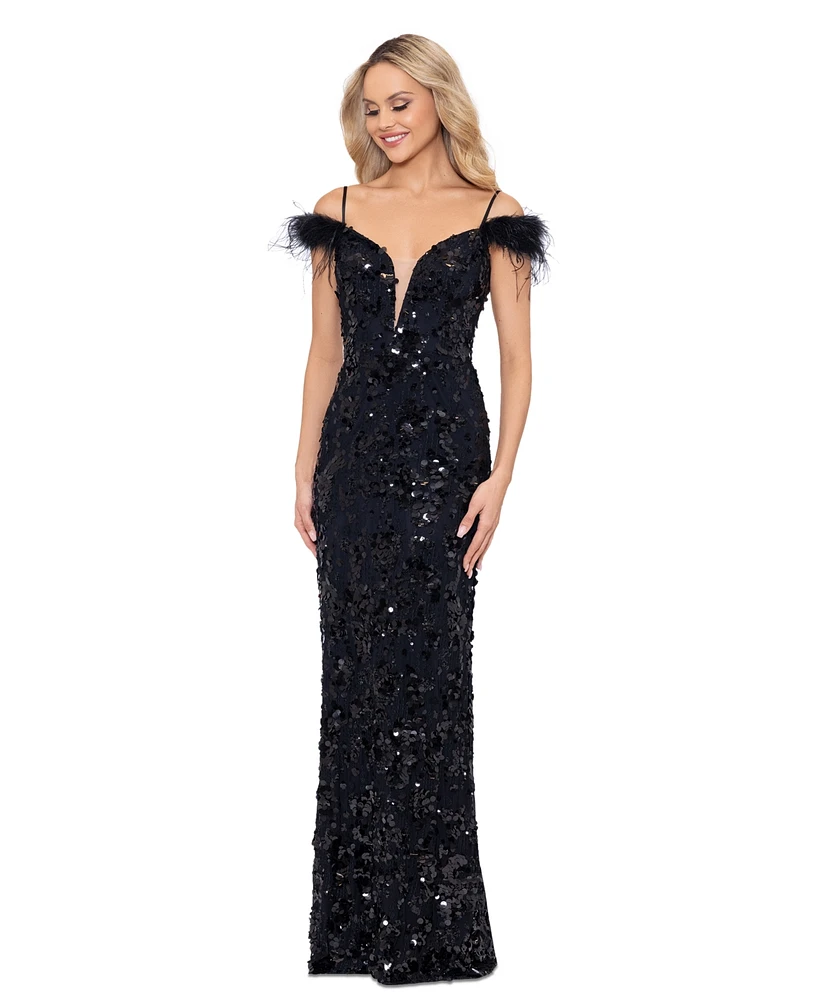 Betsy & Adam Women's Sequined Feather-Trim Gown