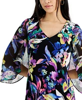 Connected Petite Floral Cape-Sleeve A-Line Dress