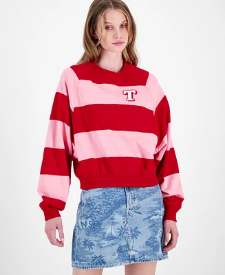 Tommy Jeans Women's Striped Letterman Crewneck Cotton Sweatshirt