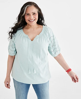 Style & Co Plus Eyelet Puff-Sleeve Split-Neck Cotton Top, Created for Macy's