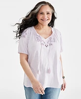 Style & Co Plus Embroidered Split-Neck Puff-Sleeve Top, Created for Macy's