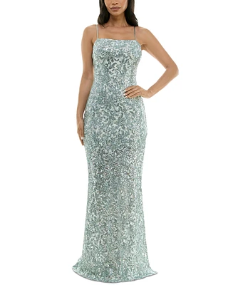 Emerald Sundae Juniors' Sequined Lace Side-Slit Gown