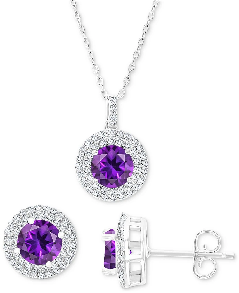 2-Pc. Set Amethyst (2-5/8 ct. t.w.) & Lab-Grown White Sapphire (1 ct. t.w.) Halo Pendant Necklace & Matching Stud Earrings in Sterling Silver