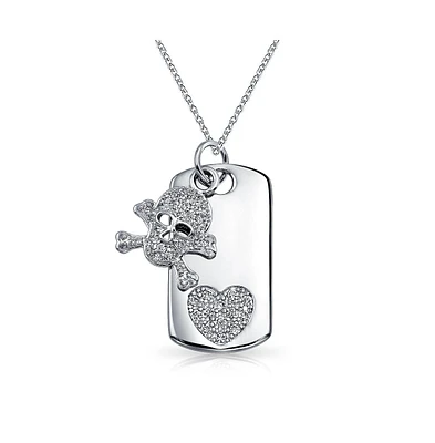 Skull Heart And Crossbones Caribbean Pirate Pave Cz Dog Tag Pendant Necklace For Women For Teen Rhodium Plated Brass