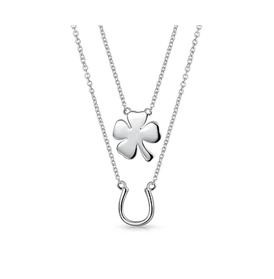 Bling Jewelry Personalized Engrave Layering Four Leaf Clover Shamrock Irish Lucky Horseshoe Pendant Necklace Western Jewelry Sterling Silver Customiza