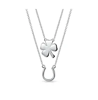 Bling Jewelry Personalized Engrave Layering Four Leaf Clover Shamrock Irish Lucky Horseshoe Pendant Necklace Western Jewelry Sterling Silver Customiza
