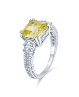 Bling Jewelry Elegant Timeless Art Deco Style 2CT Yellow Cz Square Asscher Cut Engagement Ring For Women Baguettes Side Stone Band Sterling Silver