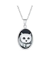 Antique Style Simulated Black Onyx Sitting White Grey Kitten Kitty Cat Portrait Cameo Pendant Necklace For Women Teen .925 Sterling Silver
