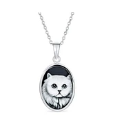 Bling Jewelry Antique Style Black Cz Sitting White Grey Kitten Kitty Cat Portrait Cameo Pendant Necklace For Women Sterling Silver