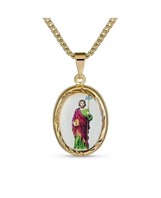 Oval Religious Medal Medallion Shepherd Rod and Staff of Jesus Photo Pendant Necklace For Women Teen Yellow Gold Plated - Multi