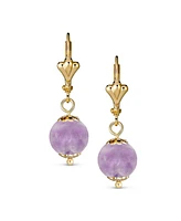 Bling Jewelry Classic Elegant Simple Round Purple Natural Amethyst Dangle Lever Back Drop Ball Earrings For Women Yellow 18K Gold Plated Brass 8MM