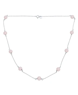 Delicate Simple Genuine Gemstone Rose Quartz Chain Round Ball Bead Tin Cup Necklace For Women .925 Sterling Silver 18 Inch