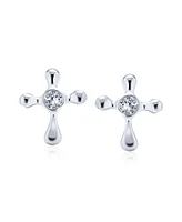 Bling Jewelry Danity Accent Cz Small Petite Religious Cross Stud Earrings Sterling Silver