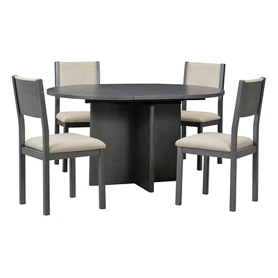Simplie Fun 5-Piece Retro Dining Set, Extendable Table, 4 Chairs