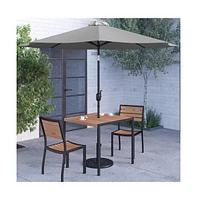 Forrest Five Piece Faux Teak Patio Dining Set - Table, Two Armless Stacking Club Chairs, 9' Gray Umbrella And Base