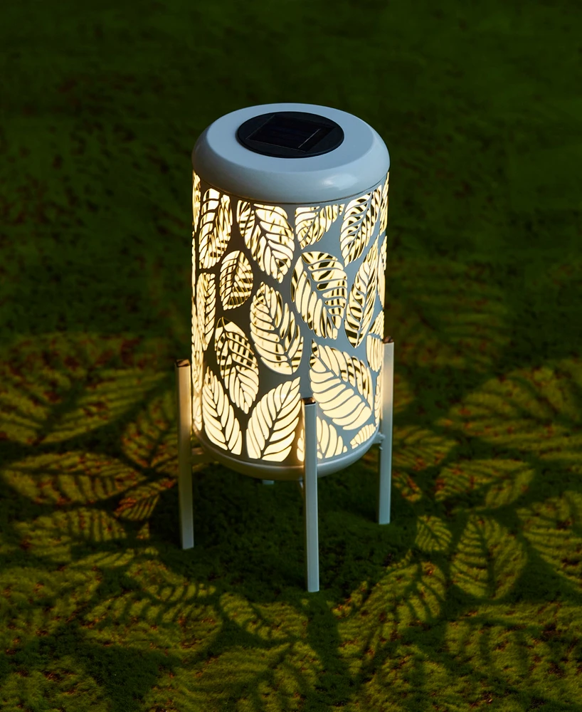 Glitzhome 14.25" H Metal Cutout Leaves Pattern Solar Powered Led Outdoor Lantern with Stand