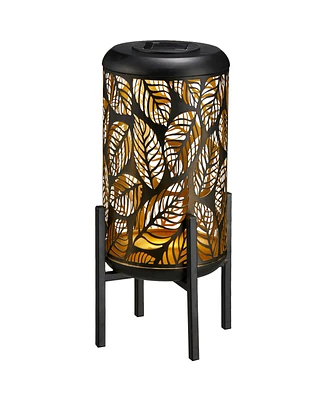Glitzhome 14.25" H Black and Gold-Tone Metal Cutout Leaves Pattern Solar Powered Led Outdoor Lantern with Stand