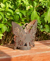 Glitzhome 9" L Black and Gold-Tone Metal Cutout Flying Butterfly Silhouette Solar Powdered Edison Bulb Outdoor Lantern