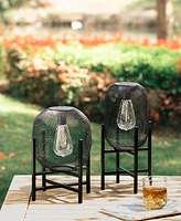 Glitzhome 11.5" H Set of 2 Metal Mesh Solar Powered Edison Bulb Outdoor Lantern with Stand