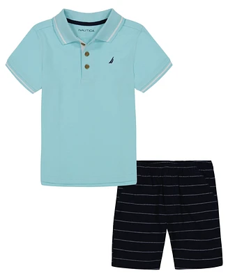 Nautica Toddler Boys Tipped Pique Polo Shirt and Oxford Stripe Shorts, 2 Pc Set