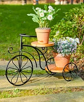 Glitzhome 24" L Metal Tricycle Planter Stand with Natural Solid Wood Tray