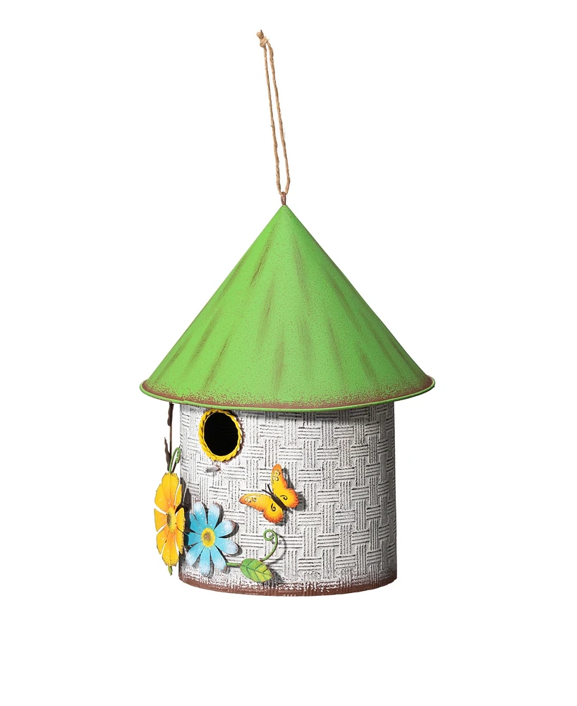 Glitzhome 11" H Stylish Distressed Metal Cottage Decorative Birdhouse with a Cluster of 3D Flowers and Butterfly