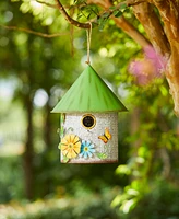 Glitzhome 11" H Stylish Distressed Metal Cottage Decorative Birdhouse with a Cluster of 3D Flowers and Butterfly