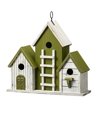 Glitzhome 14.75" L Oversized Washed Green Distressed Solid Wood 3-Room Villa Decorative Outdoor Garden Birdhouse with 3D Ladder