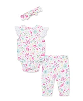 Little Me Baby Girls Garden Bodysuit Pant Set with Headband