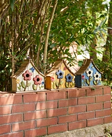 Glitzhome 10.5" H Washed Distressed Solid Wood Two-Story Townhouse Garden Birdhouse with 3D Flowers