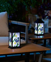 Glitzhome 11" H Set of 2 Stylish Textured Glass with Butterfly and Flower Pattern Solar Powered Hanging Lantern