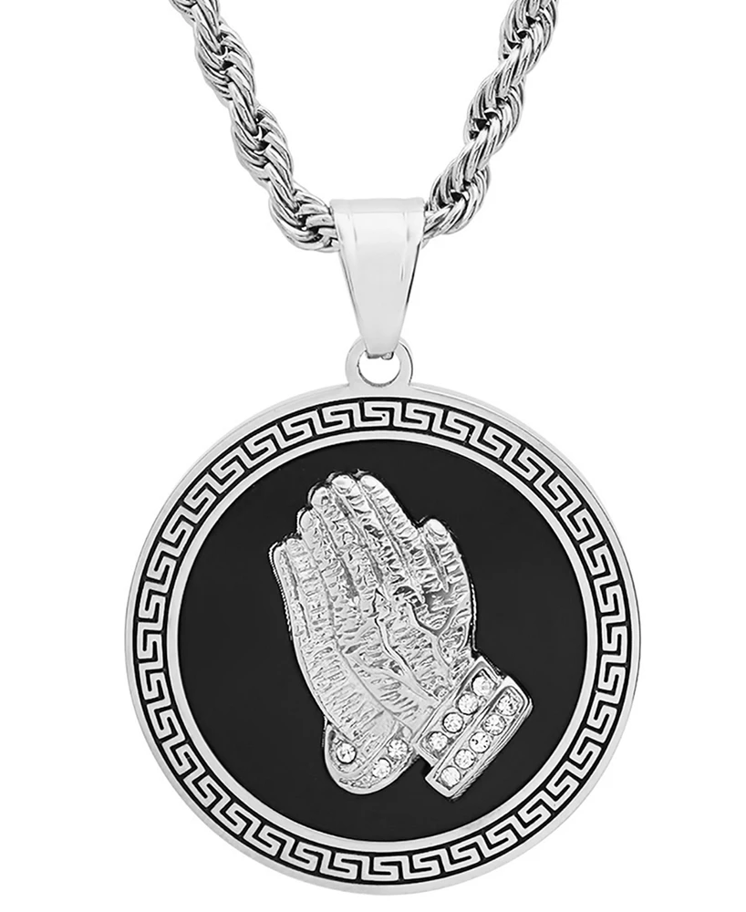 Steeltime Men's Stainless Steel Prayer Hand & Greek Key 24" Pendant Necklace