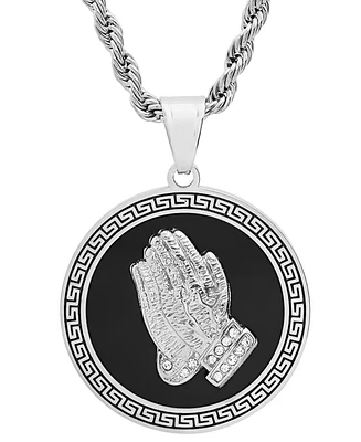 Steeltime Men's Stainless Steel Prayer Hand & Greek Key 24" Pendant Necklace