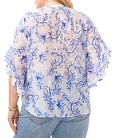 Vince Camuto Plus Size Printed Pintuck Flutter 3/4-Sleeve Blouse