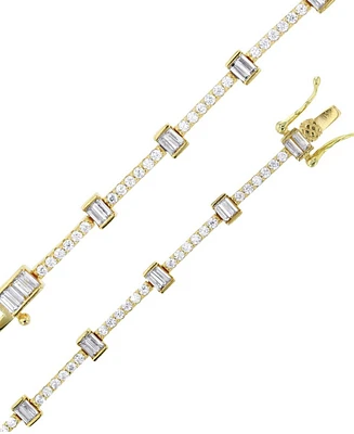 Cubic Zirconia Round & Baguette Tennis Bracelet in 14k Gold-Plated Sterling Silver