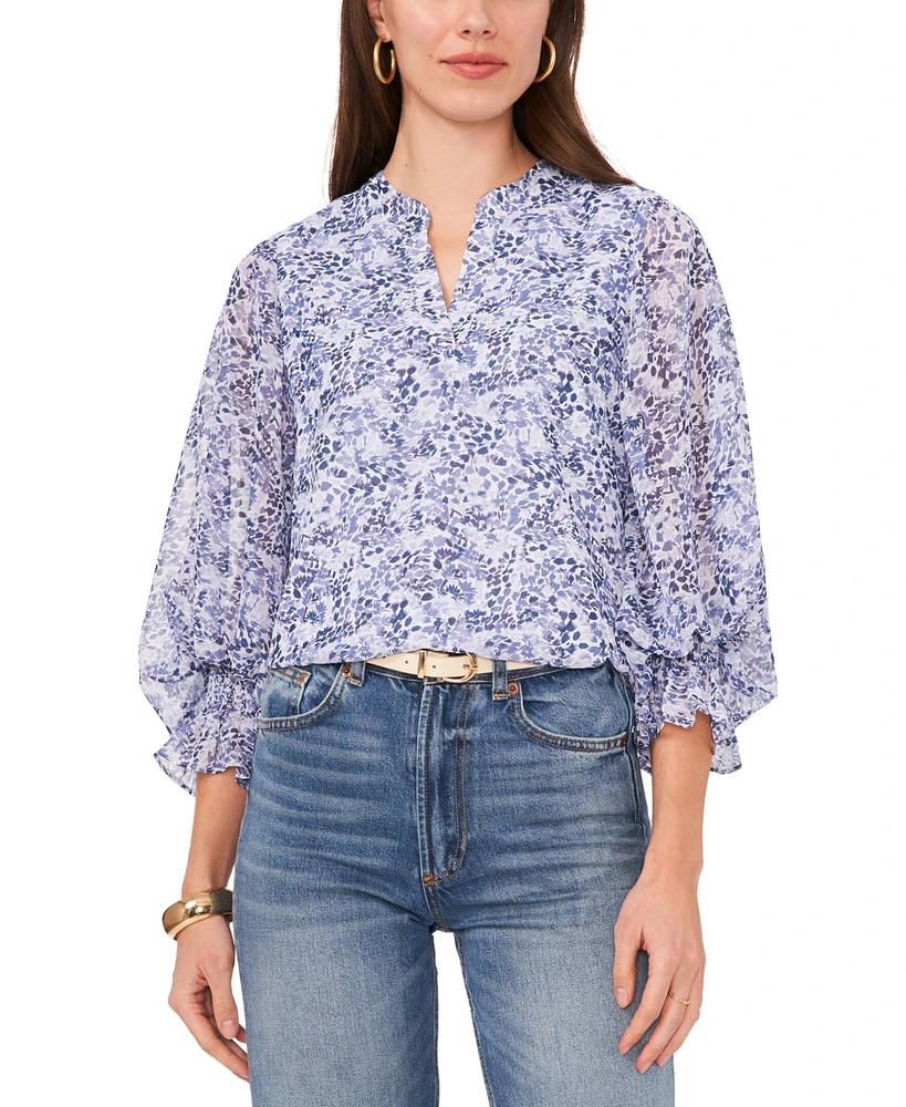 Vince Camuto Women's Printed Split Neck Balloon Sleeve Top