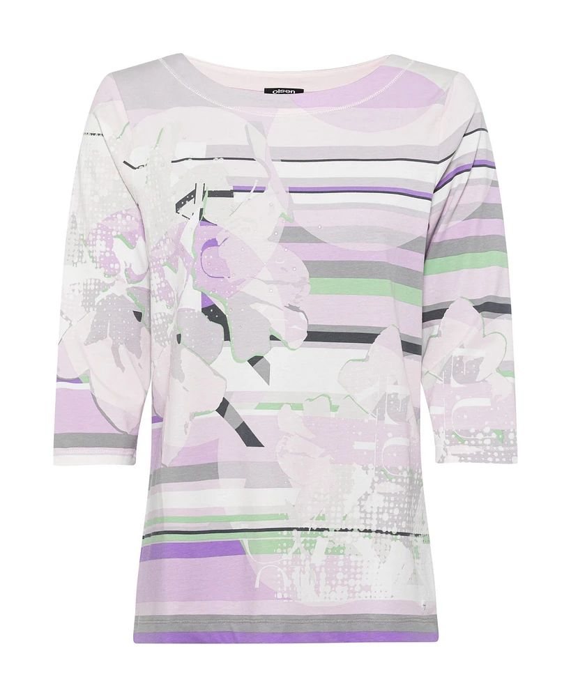 Olsen Cotton Blend 3/4 Sleeve Multi-Print T-Shirt