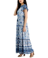 Tinsel Petite Mixed-Print Flutter-Sleeve Tiered Maxi Dress