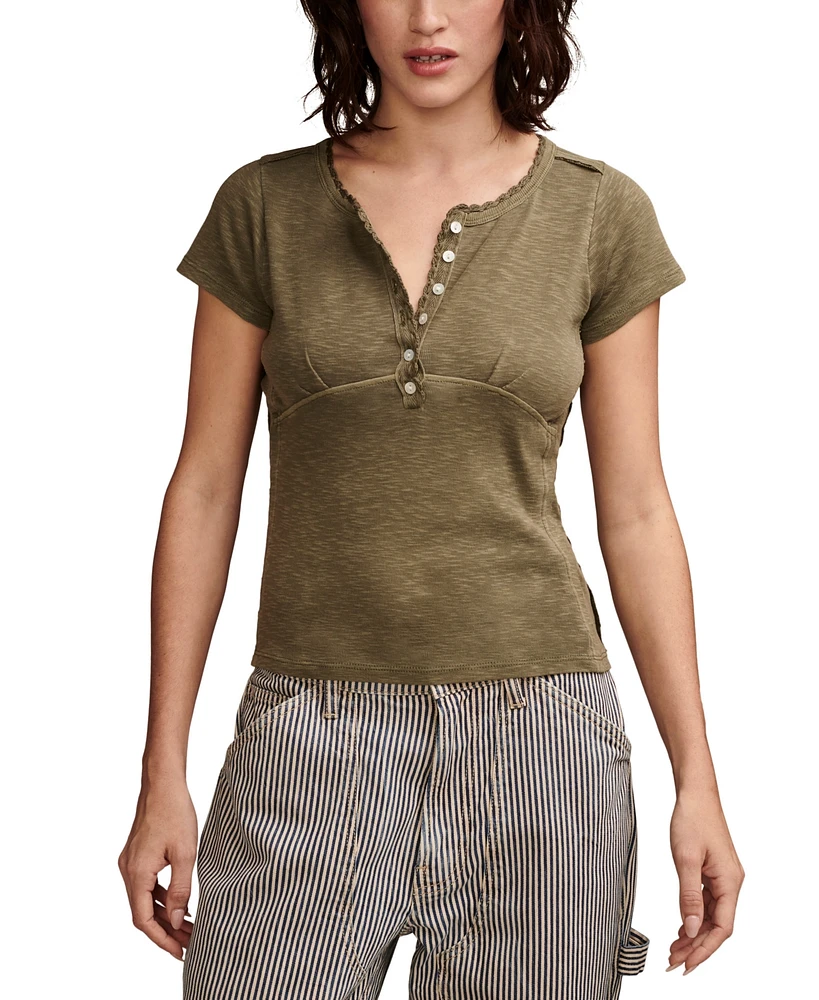 Lucky Brand Women's Crochet-Trim Short-Sleeve Henley T-Shirt