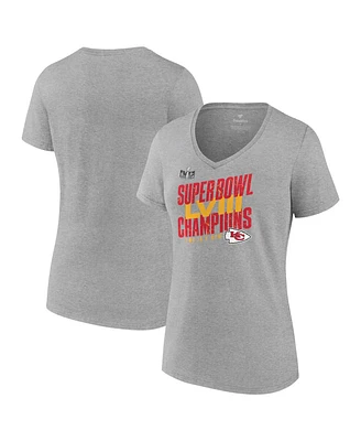 Women's Fanatics Heather Gray Kansas City Chiefs Super Bowl Lviii Champions Iconic Victory V-Neck T-shirt