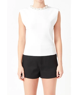 Women's Elevated Knit Top with Embellished Neckline