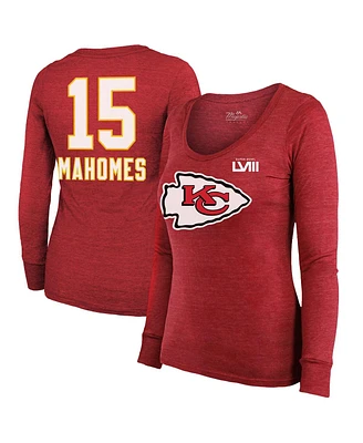 Women's Majestic Threads Patrick Mahomes Red Kansas City Chiefs Super Bowl Lviii Scoop Name and Number Tri-Blend Long Sleeve T-shirt